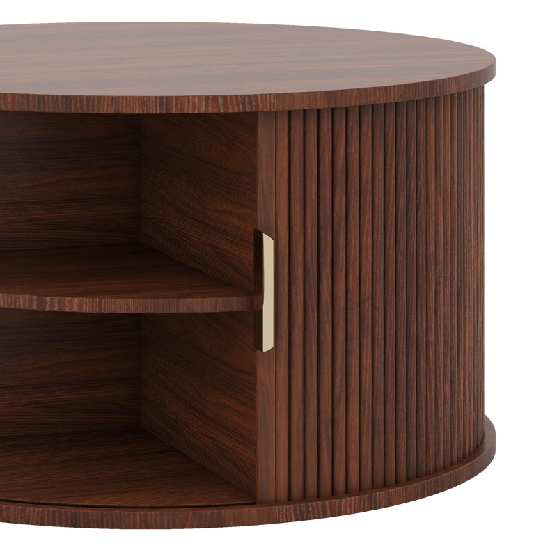 Ensemble de meuble télé en bois et table basse avec portes coulissantes cannelées, console média avec poignées dorées, Noyer