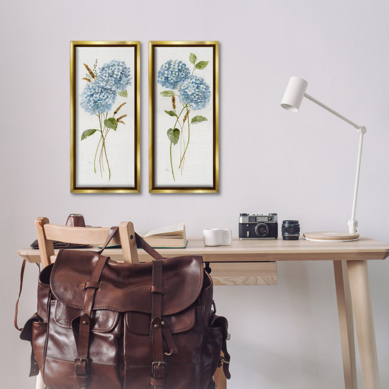 Ensemble de 2 toiles flottantes Blue Hydrangea, H 25 po x l 11 po, Cadre flottant métallique doré