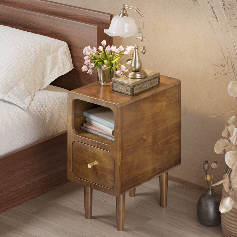 Narrow Bedside Table, Solid Wood Bedside Table With Drawers, Walnut Medieval Modern Bedside Table, Small Side Table With Open Storage Rack, Suitable For Bedrooms (12 Inches)