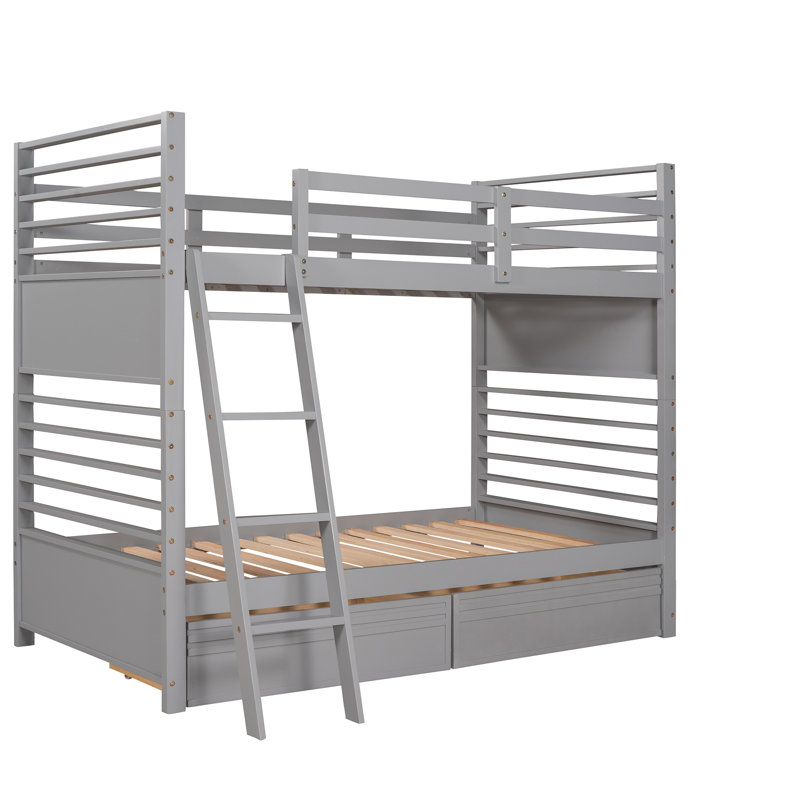 Lit simple superposé en bois avec deux tiroirs, Gris