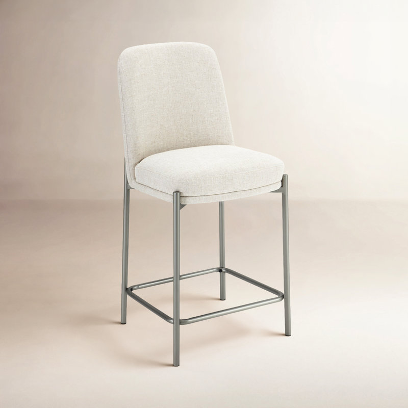 Dion Upholstered Bar Stool In Natural Light Linen And Brushed Nickel Metal, Counter Stool (25” Seat Height)