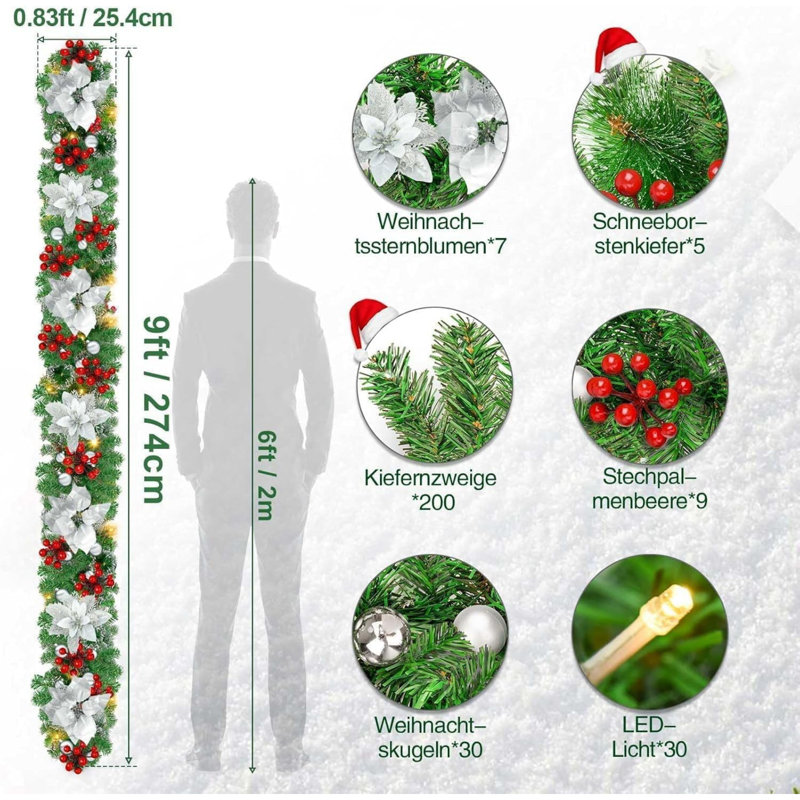 Christmas garland,christmas garland with lights,2.7M/ 9FT Christmas Garland Decorations Illuminated with LED Lights,for Stairs Fireplaces Christmas Festive Wreath Xmas Decor (Silver White)