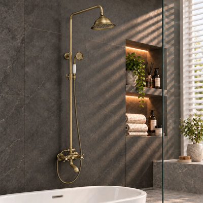 Antique Brass Vintage Wall‑Mount Raindrop Shower System with Hand Shower & Tub Spout, Three‑Nozzle Design for Farmhouse Bathroom