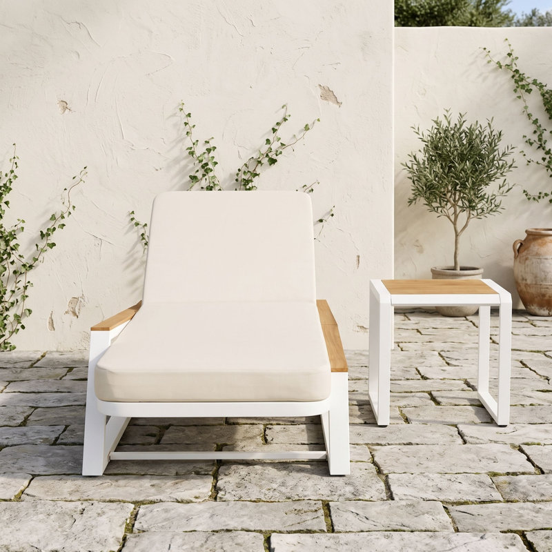 Ensemble de chaise longue d'extérieur réglable avec coussin et table d'appoint, Crème teck blanc