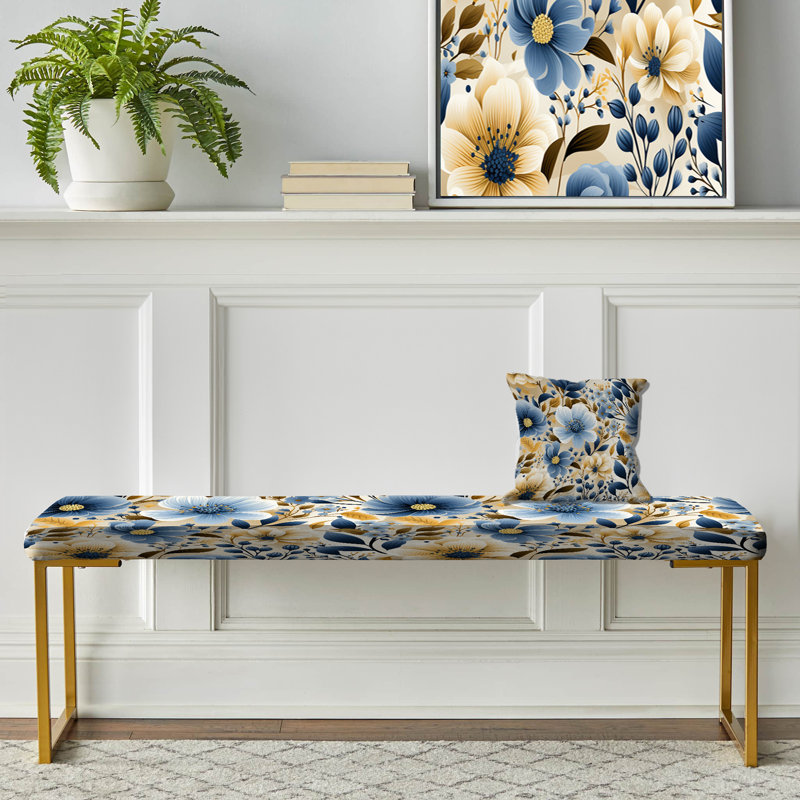 Floral Upholstered Gold Bench, Blue & Ivory Coastal Dreams Floral