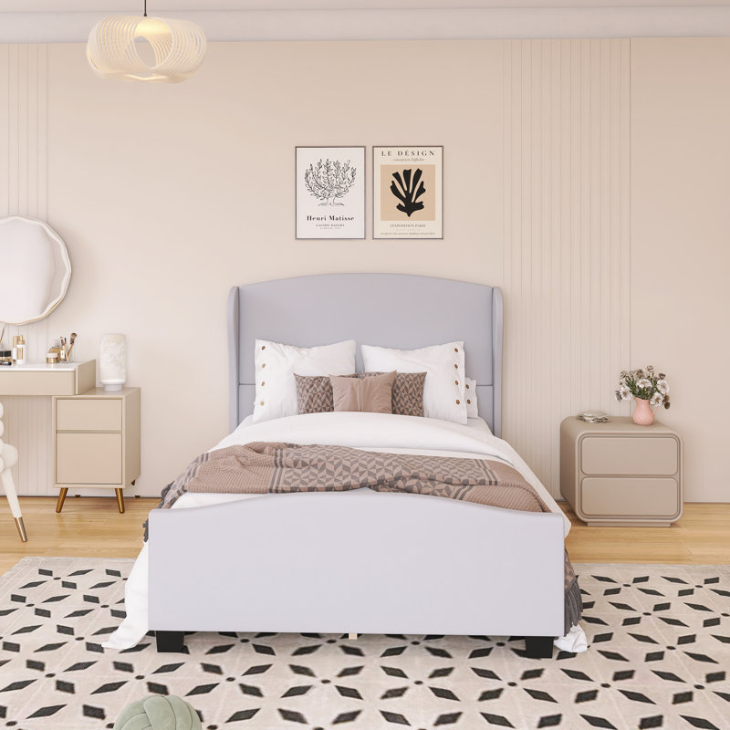 High Headboard Wingback Linen Upholstered Bed No Box Spring Needed, Full, Gray