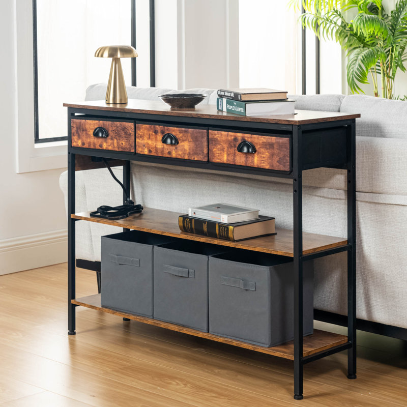 Console avec 2 prises et 2 ports USB, table d'entrée avec 3 tiroirs, table de canapé pour le couloir du salon (brun rustique)