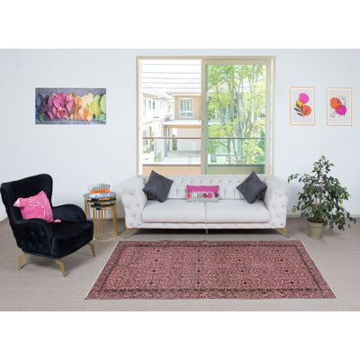 5x8.5 Ft Hand-Made Floral Patterned Wool Rug from Turkey. Pink Colour Re-Dyed Rug