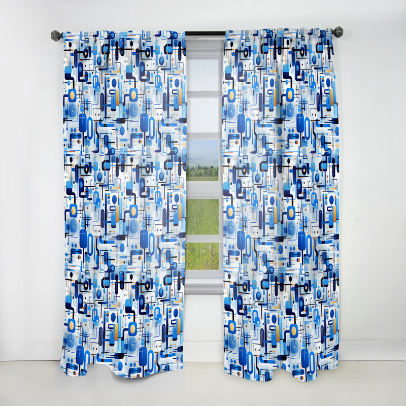 Rideau obscurcissant géométrique abstrait bleu et blanc cobalt - 1 panneaux, L 52 po x L 108 po