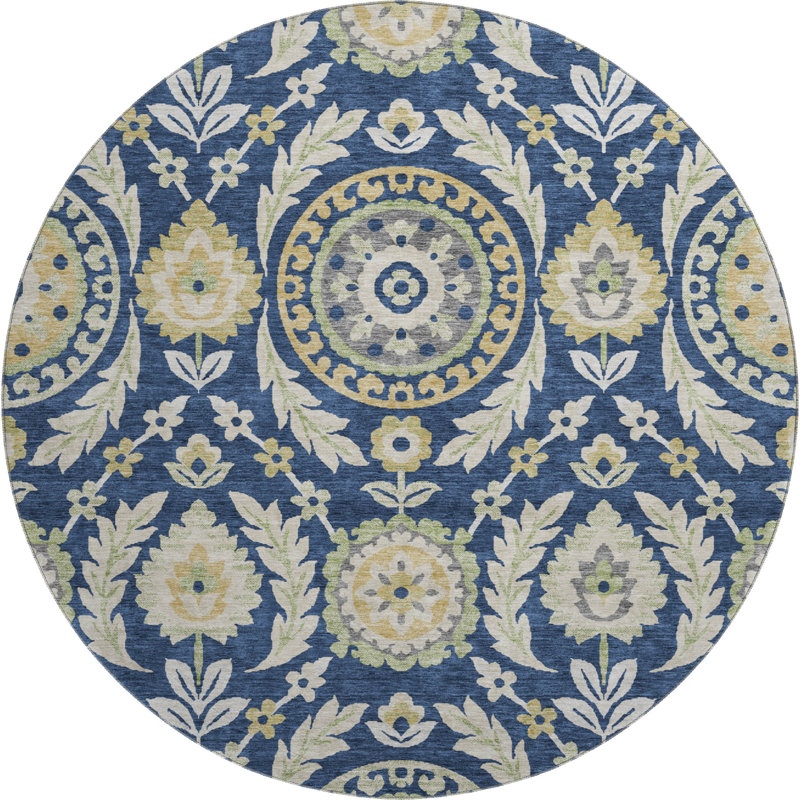 Premium Machine Washable Prisco Navy Rug, Round 8'