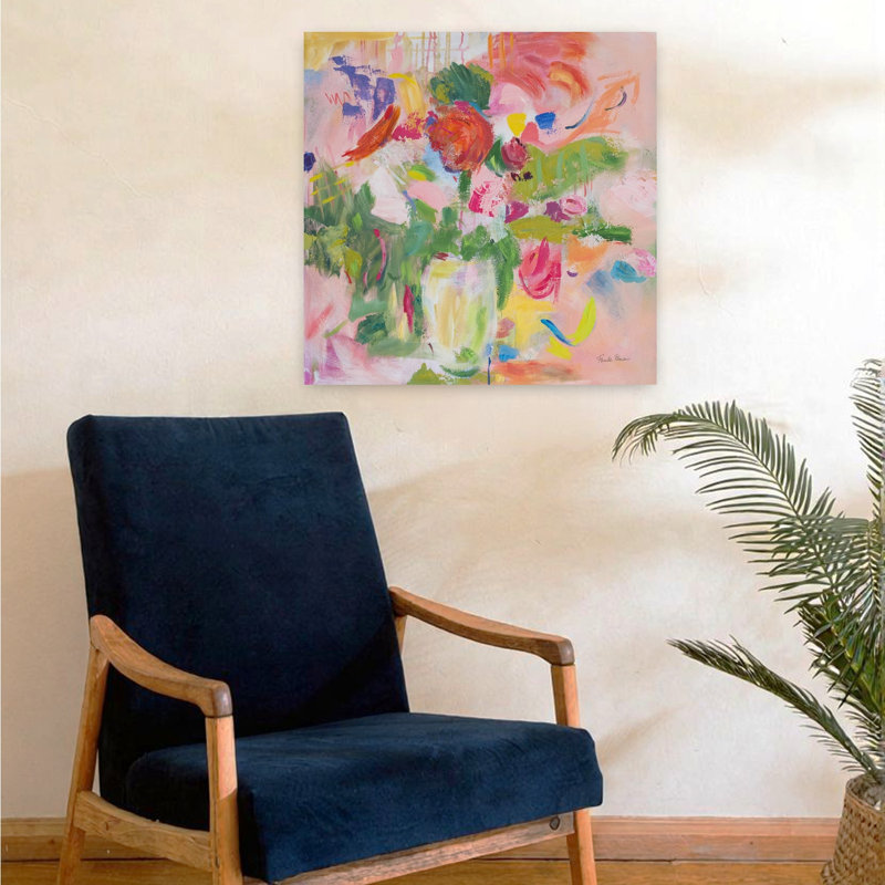 Impressionnisme contemporain rose avec art abstrait bleu, H 24 po x l 24 po