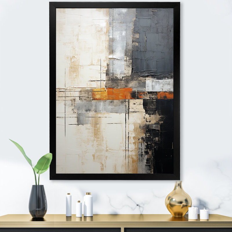 Abstrait, collage de route gris beige I - Collages abstraits, reproductions d'art mural, Cadre simple noir