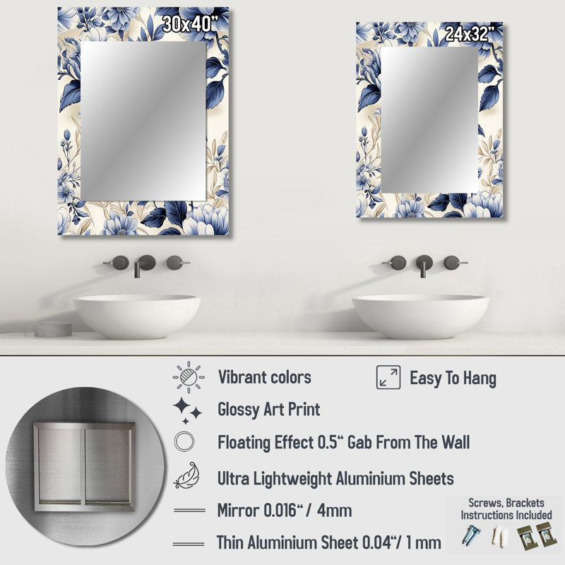 Hurst Cobalt Blue Victorian Rococo Victorian Pattern - Floral Mirror, Cottage Unique Wall Mirror, Printed Metal Art