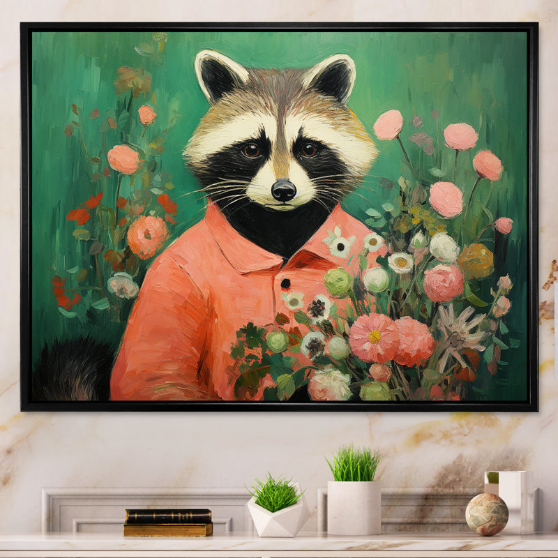 Raton laveur noir et vert en fleurs assorties - raton laveur, art mural, Cadre flottant noir, H 34 po x l 44 po x P 1,5 po