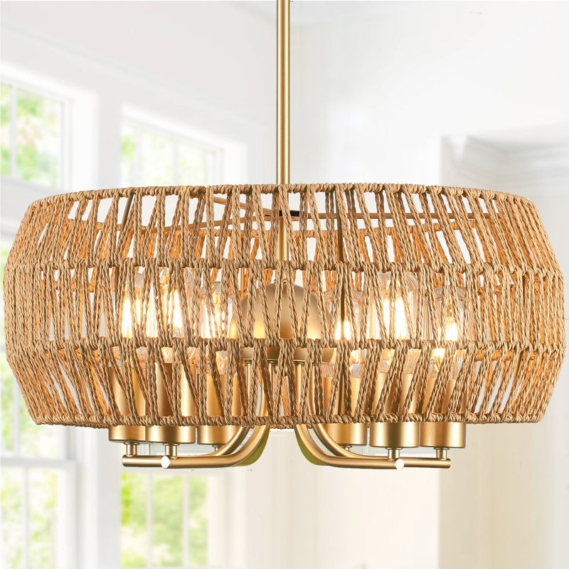 Lustre tambour en rotin 6 lumières Anela, Doré