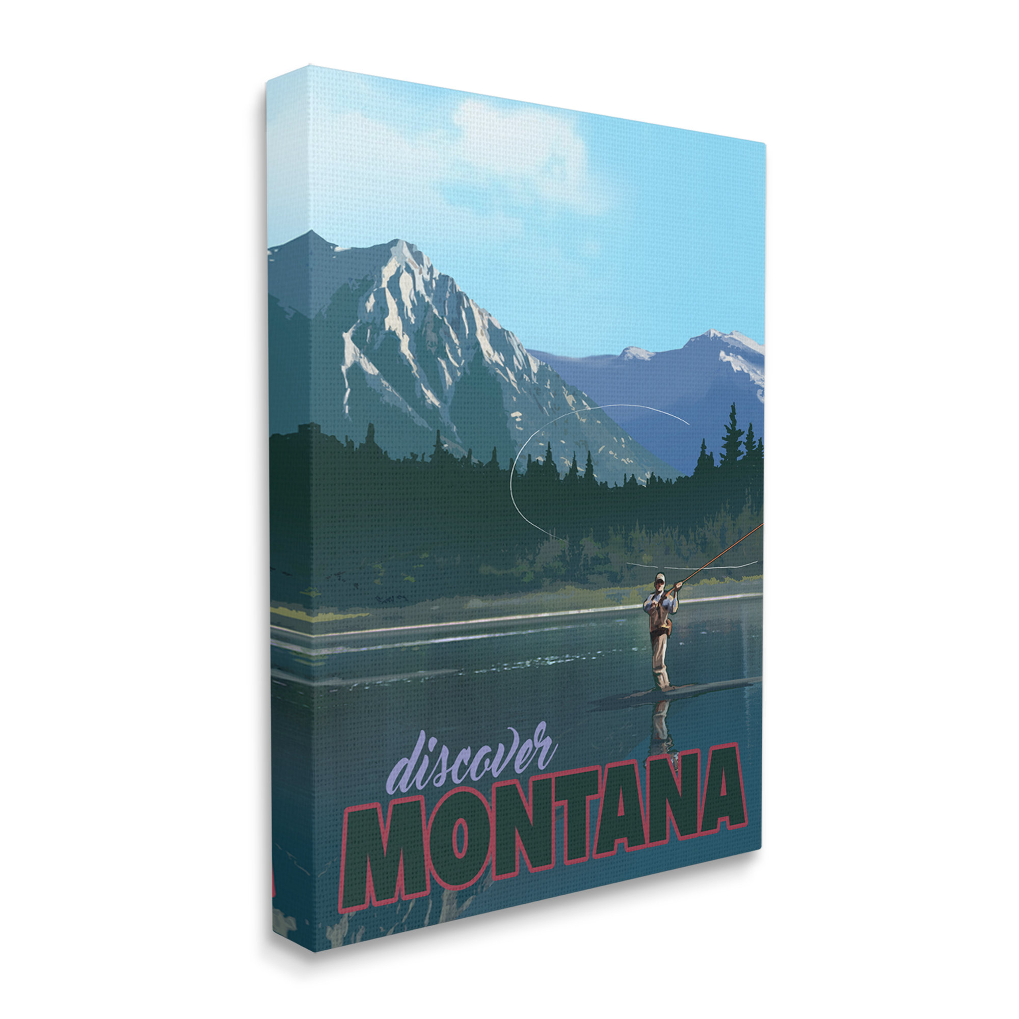 Montana Travel Fly Fishing Lake Mountains Landscape Canvas Wall Art by David Owens Illustration Stupell Industries Size: 17 W x 21 H, Format: Black