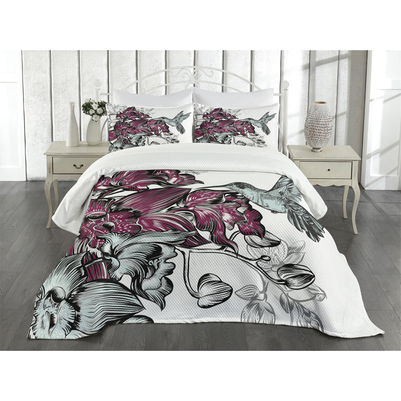 Queen White Floral Polyester Bedspread Set with Shams
