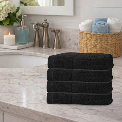 Ensemble de 4 serviettes Willow - 100% coton peigné, qualité supérieure 630 g / m², noir, ultra doux et très absorbant (4 serviettes à main)