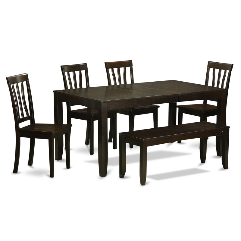 6 Piece Dining Table Set Contains a Rectangle Dining Room Table with Butterfly Leaf and 4 Wooden Seat Chairs with a Bench, Cappuccino