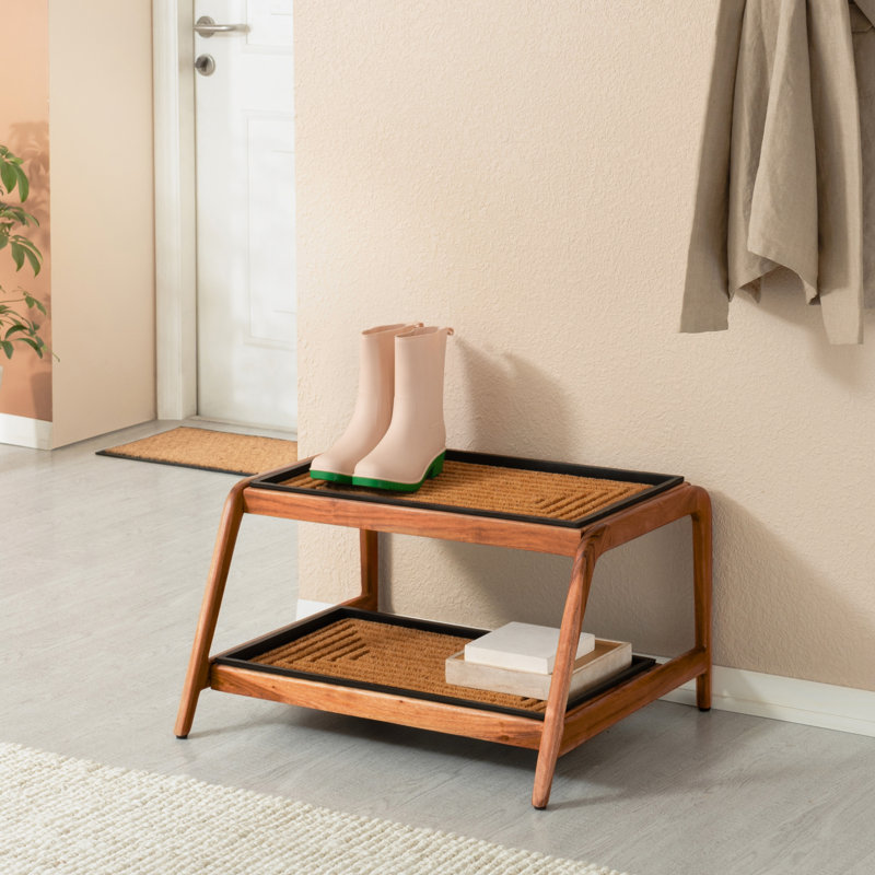 Premium Solid Wood Boot Tray Stand with Natural Coir Mat - Entryway & Mudroom Shoe Organizer, 22" W x 26.5" L, Natural