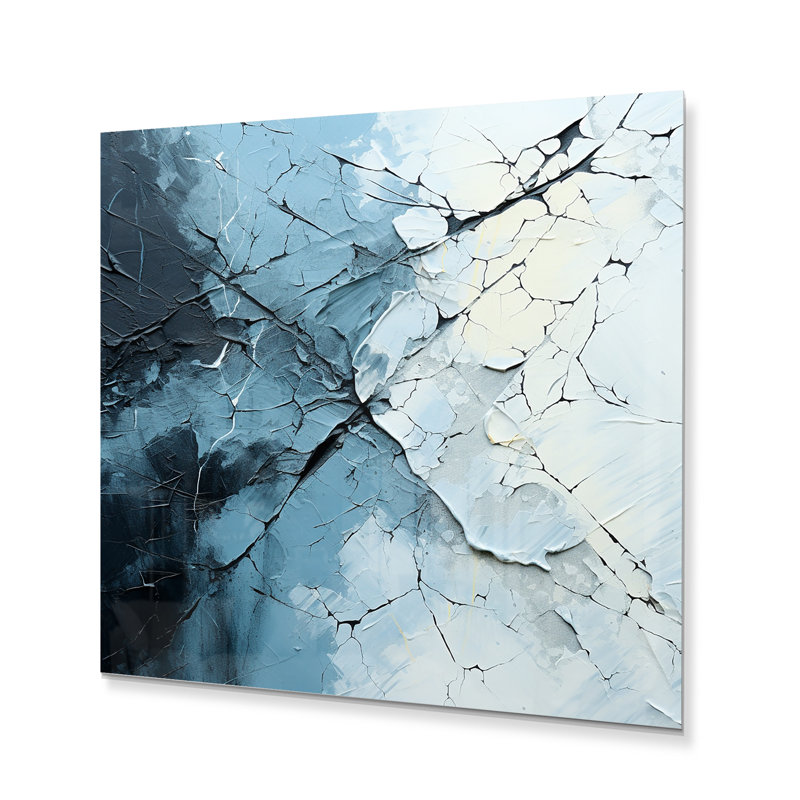 "Blanc et bleu abstrait fendu" sur métal, H 24 po x l 24 po x P 1 po