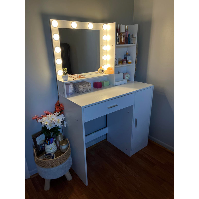 Bureau de coiffeuse avec miroir et lumière, Rose bébé