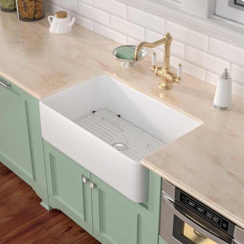Mocoloo Farmhouse Apron 30" L x 20" W Ceramic Kitchen Sink Rectangular Porcelain Single Bowl Kitchen Sink with Basket strainer and Bottom Grid