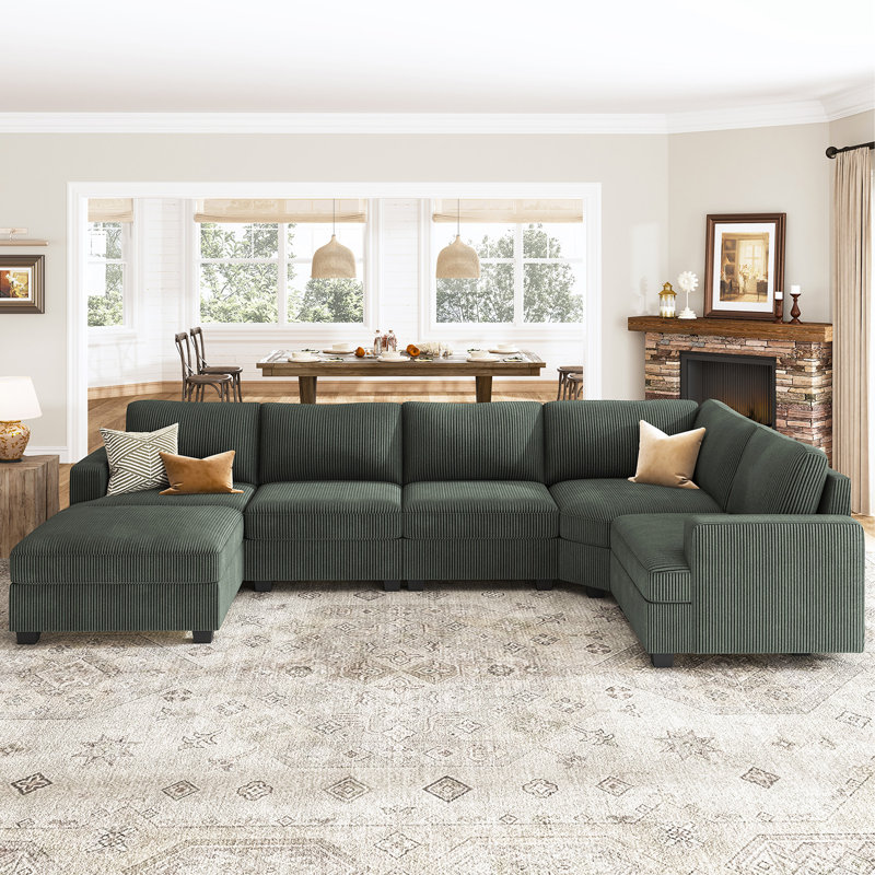 Canapé modulaire en U avec repose-pieds Anureet, Velours côtelé vert, Non