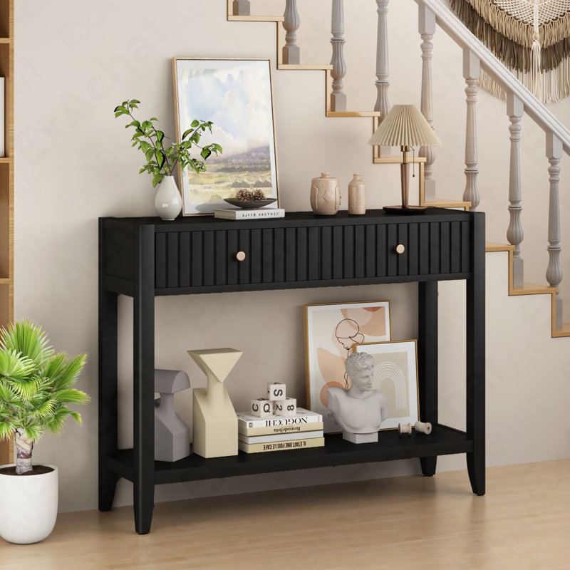 Console avec tiroirs, table d'appoint en bois avec table de rangement étroite et tablette de rangement