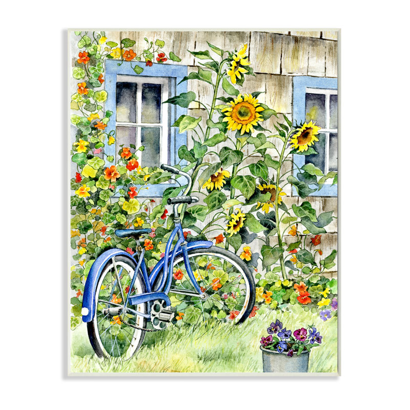 Vélo sur des tournesols traditionnels - Impression sur toile, H 15 po x l 10 po, Plaque murale