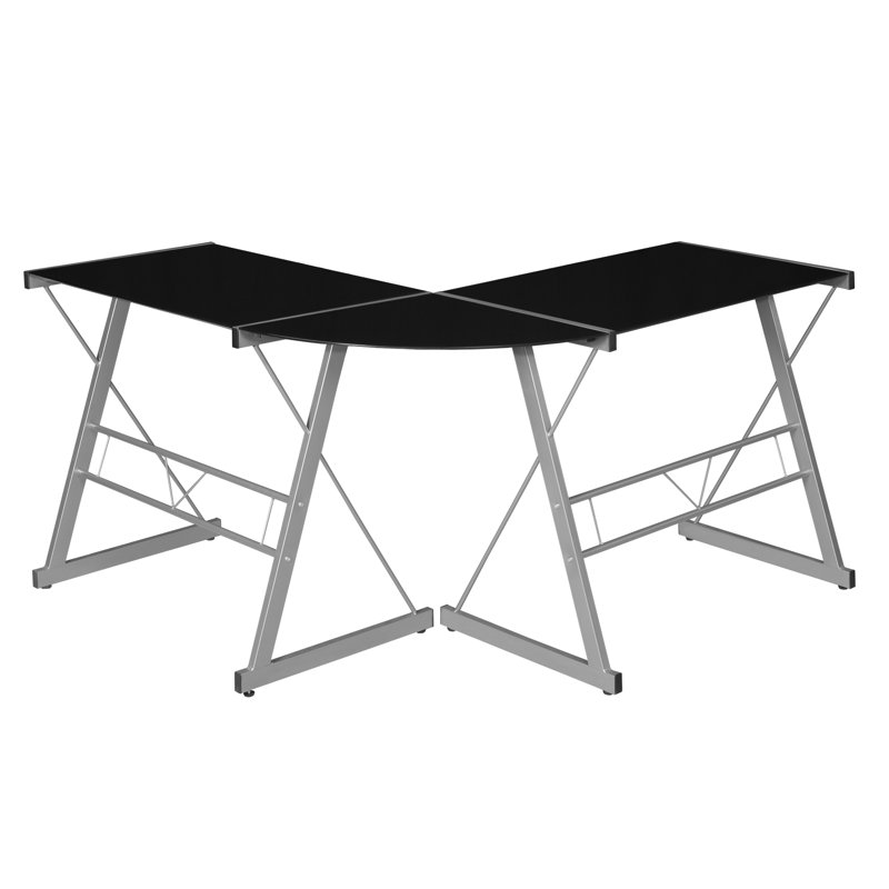 Black Tempered Glass L-Shaped Computer Desk with Steel Frame
