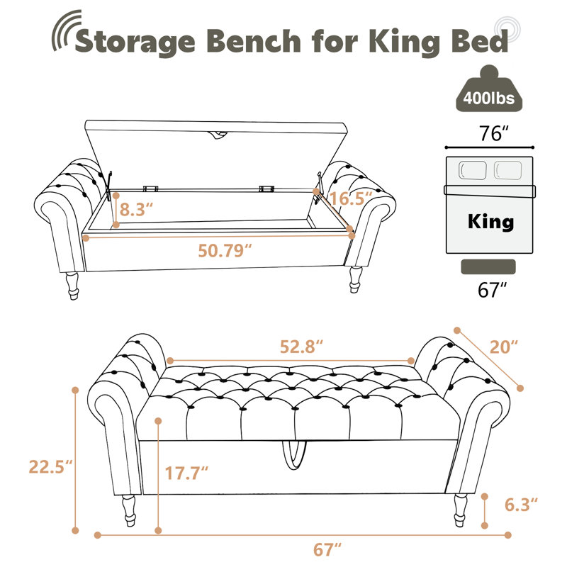 67'' Upholstered Velvet Storage Bench for Bedroom End with Button-Tufted Seat and Roll Arms, Black