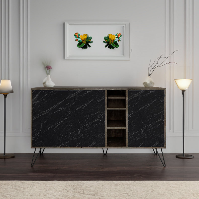 Kristain 55.9" Console Table, Gray Wood/Black Marble