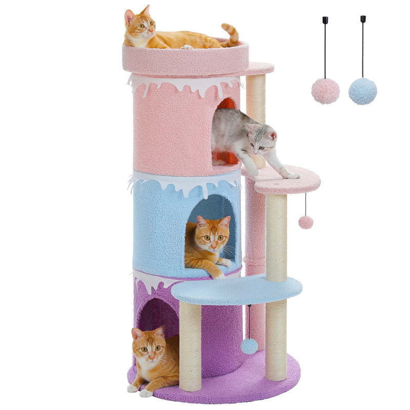 Tour à chat 43 po pour chat, chatière avec 3 grands condos et poteaux à griffer en sisal pour chatons, Rose