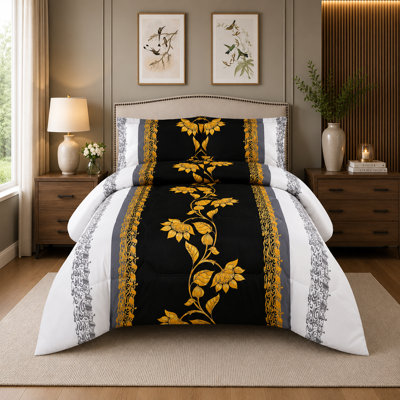 Black Trendy Printed Bedspread Floral Design Quilted with Pillow Shams