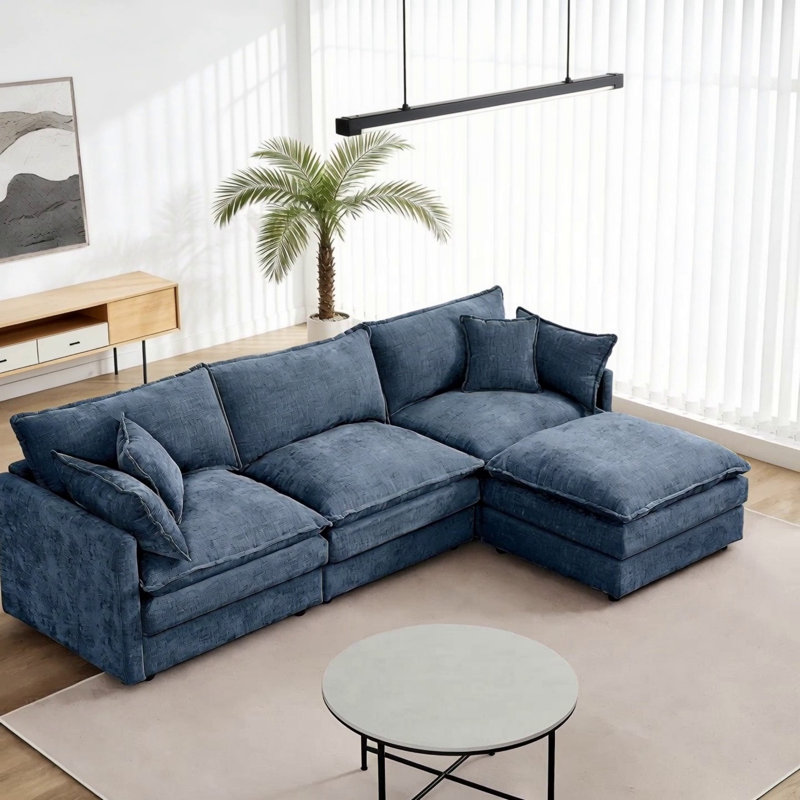 3-Seater Comfy Cloud Couches With Movable Ottoman, Blue