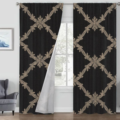 2Pcs rideaux noirs avec motif de vigne dorée, rideaux de fenêtre à motif géométrique élégant pour la cuisine de la chambre à coucher du salon, passe-tringle, panneaux filtrants de lumière