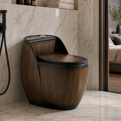 Egg-Shaped Wood-Grain Ceramic One Piece Toilet, 1.06 GPF Water-Saving, Soft-Close Seat, Quick-Release