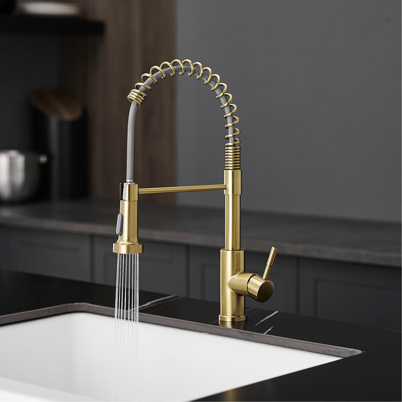 Robinet de cuisine contemporain en or brossé, à bec rétractable, en acier inoxydable et en céramique, Doré