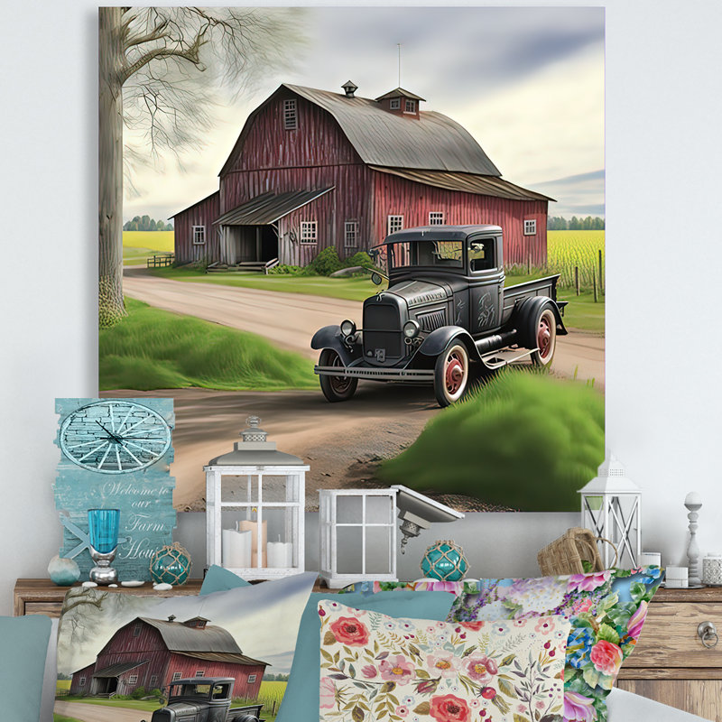 30S Ford Car In Barn III - Barn Farm Ranch Metal Wall Art, 23" H x 23" W x 1" D