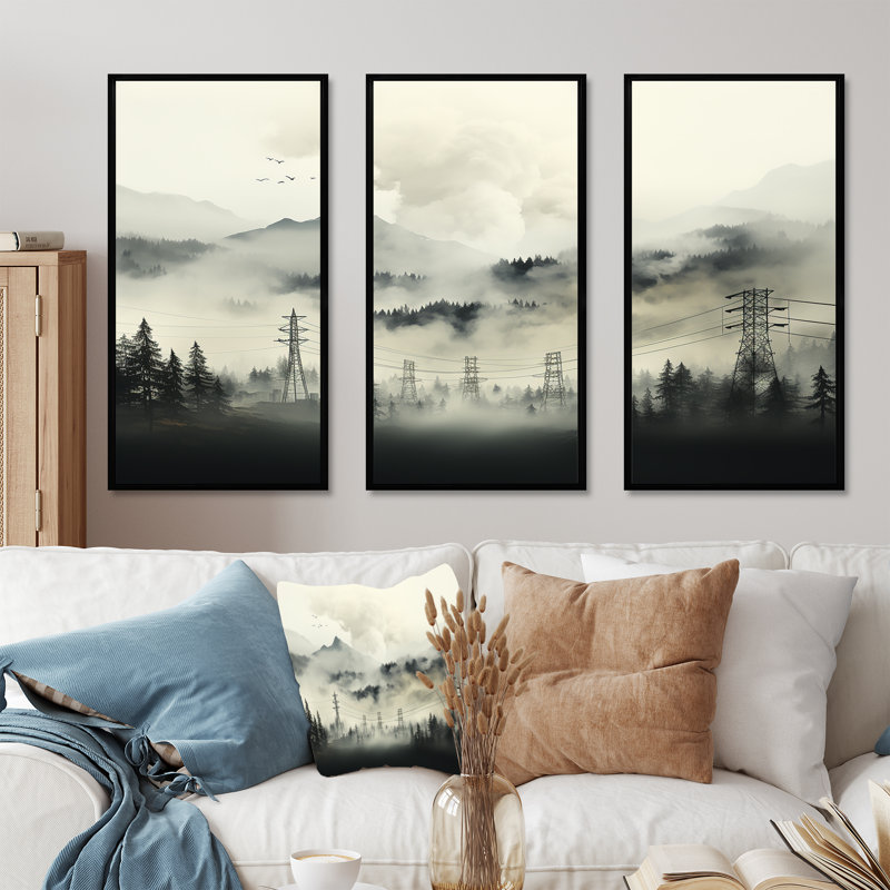 Stormy Ebony Edges Power Lines Fog Mountains - ensemble d'art mural lignes électriques, Cadre flottant noir