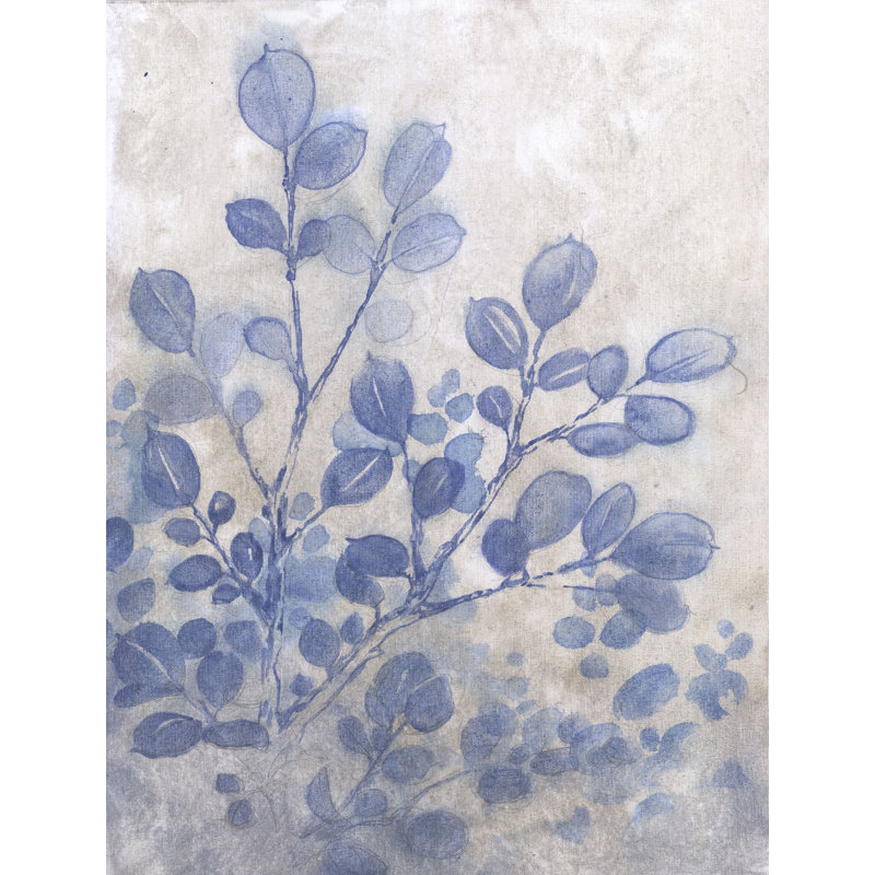 Branche bleue et feuilles - peinture sur toile tendue, H 18 po x l 12 po