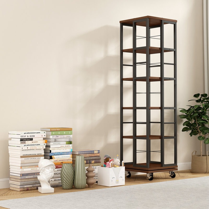 5 Tiers Rotating Bookshelf With Metal Frame And Wheels