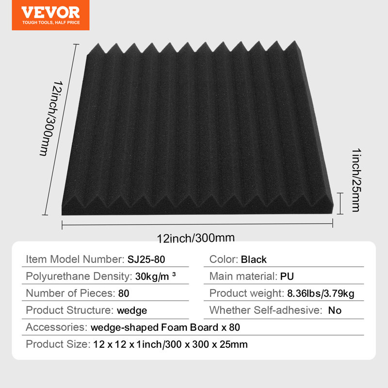 Acoustic Foam Panels 80 Pack 12 x 12 x 1 in for Studio Wall and Ceiling