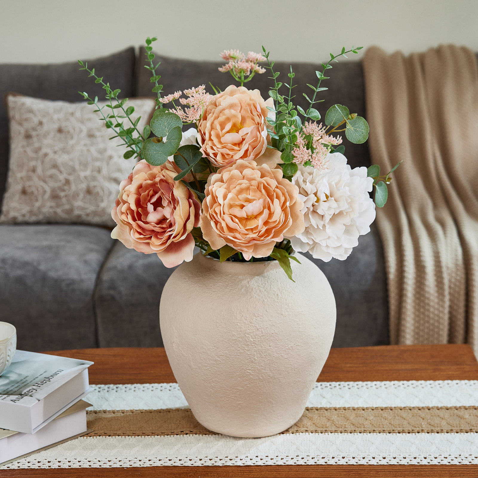 Artificial Peony Flowers In Pot, 24In Faux Peony Arrangement With Ivory Pot - Fake Flowers With Vase Look For Table Centerpiece, Home Decor, Wedding, Office, Living Room
