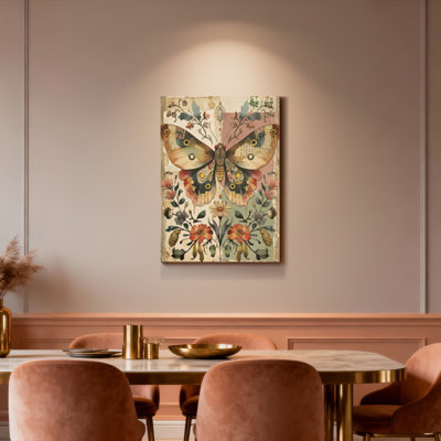 Ensemble de 1 tableau mural vintage botanique papillon et fleurs sur toile tendue