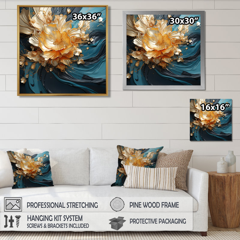 Fleur abstraite dorée sur des vagues bleu sarcelle - art mural floral moderne, Toile avec cadre flottant noir