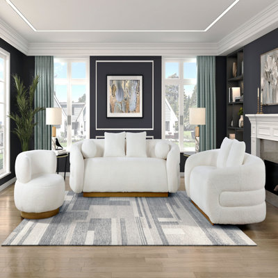 Living Room Sofa Set 3pc Sofa Loveseat Chair White And Gold Soft Fabric Upholstered Matching Pillows Solid Wood Furniture