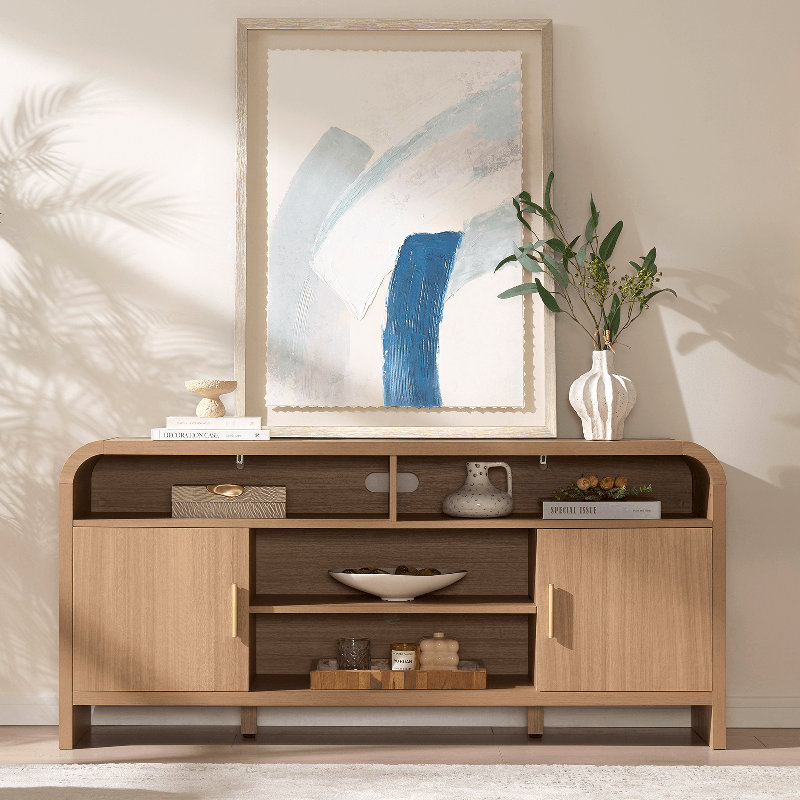 Elegant Curved TV Stand With Hidden Storage For Tvs Up To 65", Oak