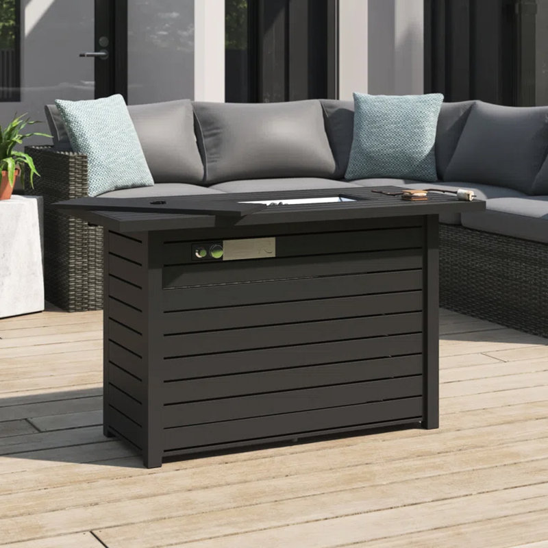 Black Steel Outdoor Fire Pit Table With Lid, 25" H X 42" W, Modern, Adjustable Flame, Stainless Real Extent